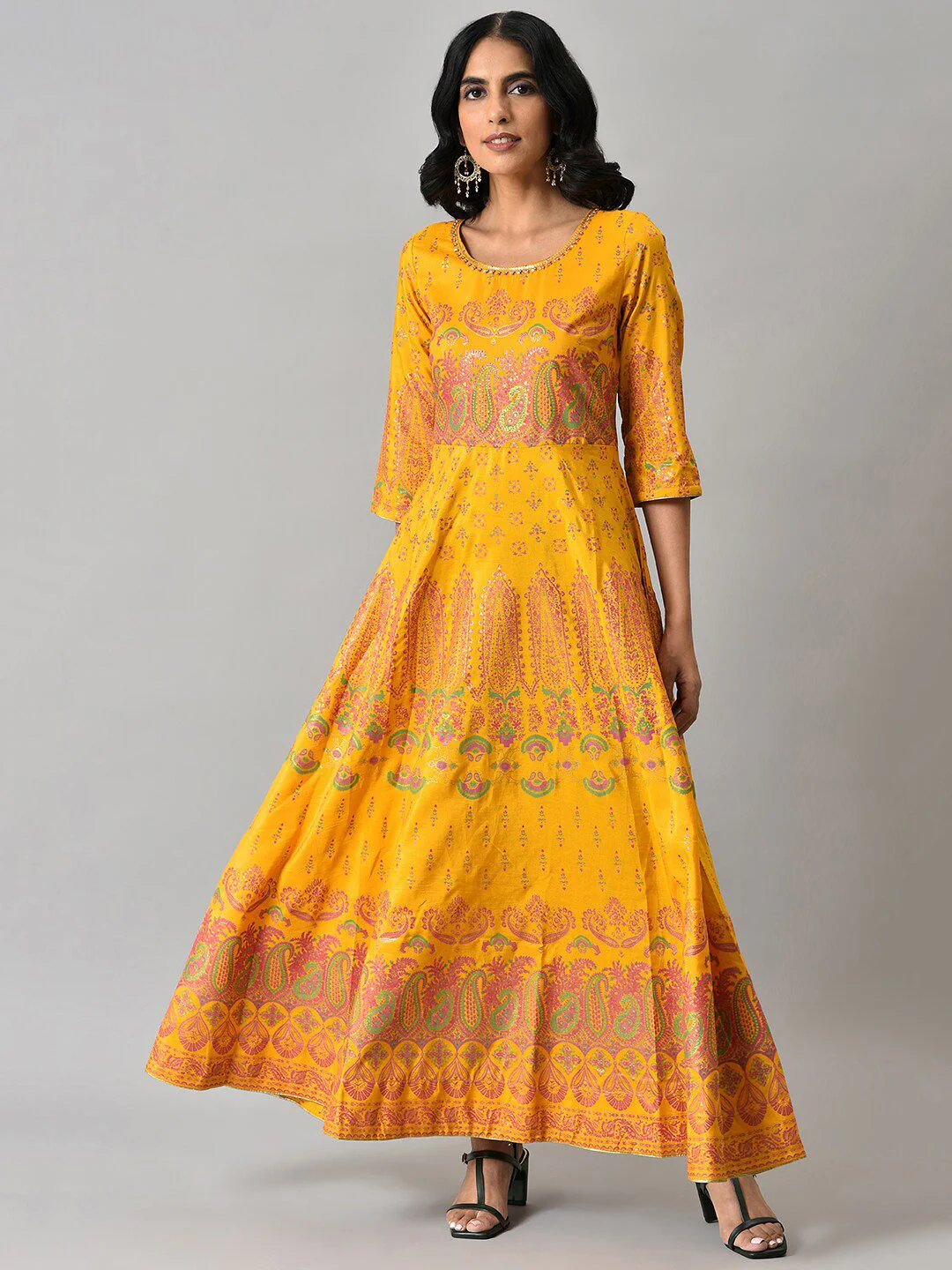 W Women Yellow & Pink Printed Polyester Ethnic Maxi Dress - Image 6