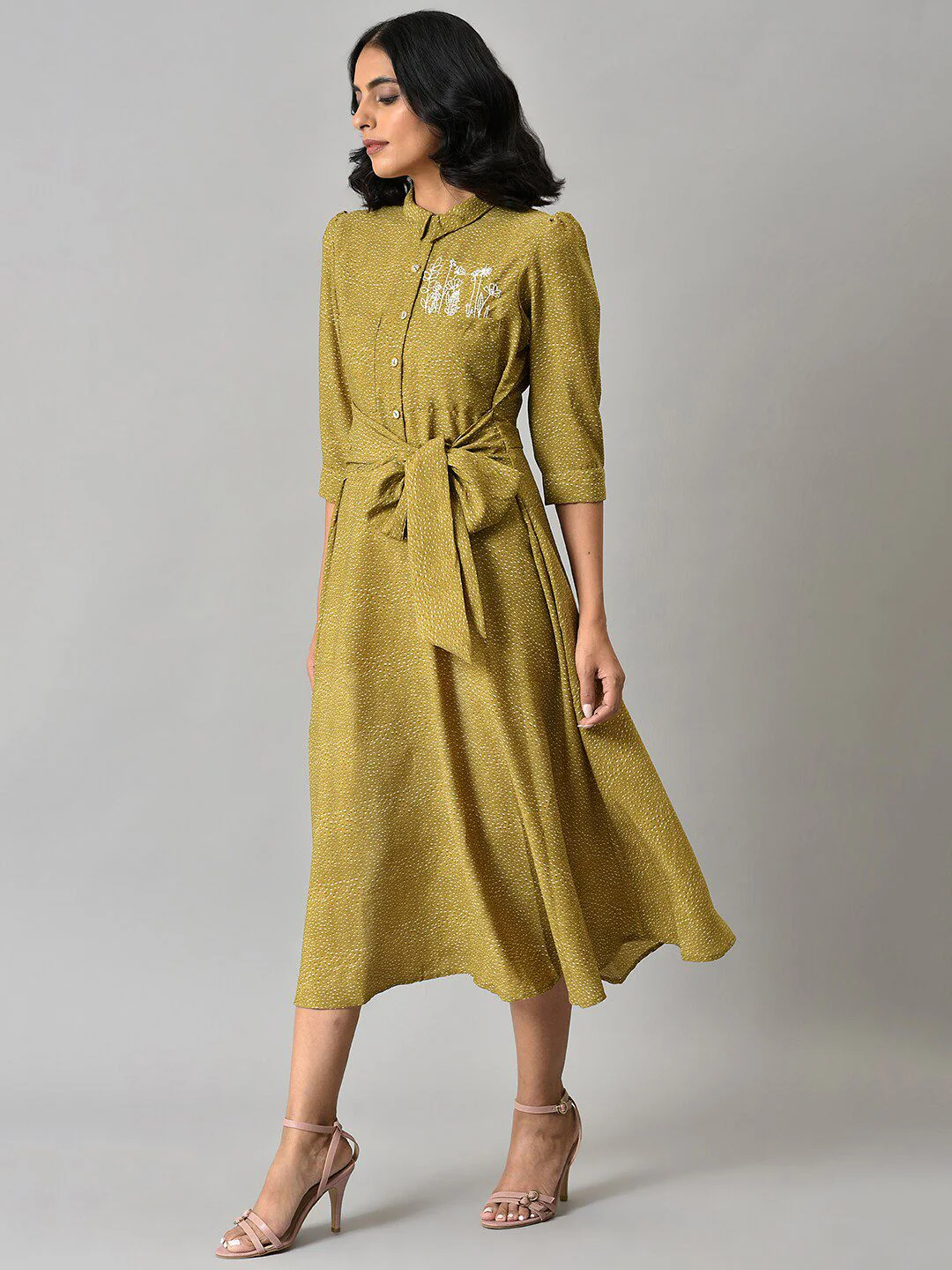 W Women Yellow Waist Belted A-Line Midi Dress - Image 4