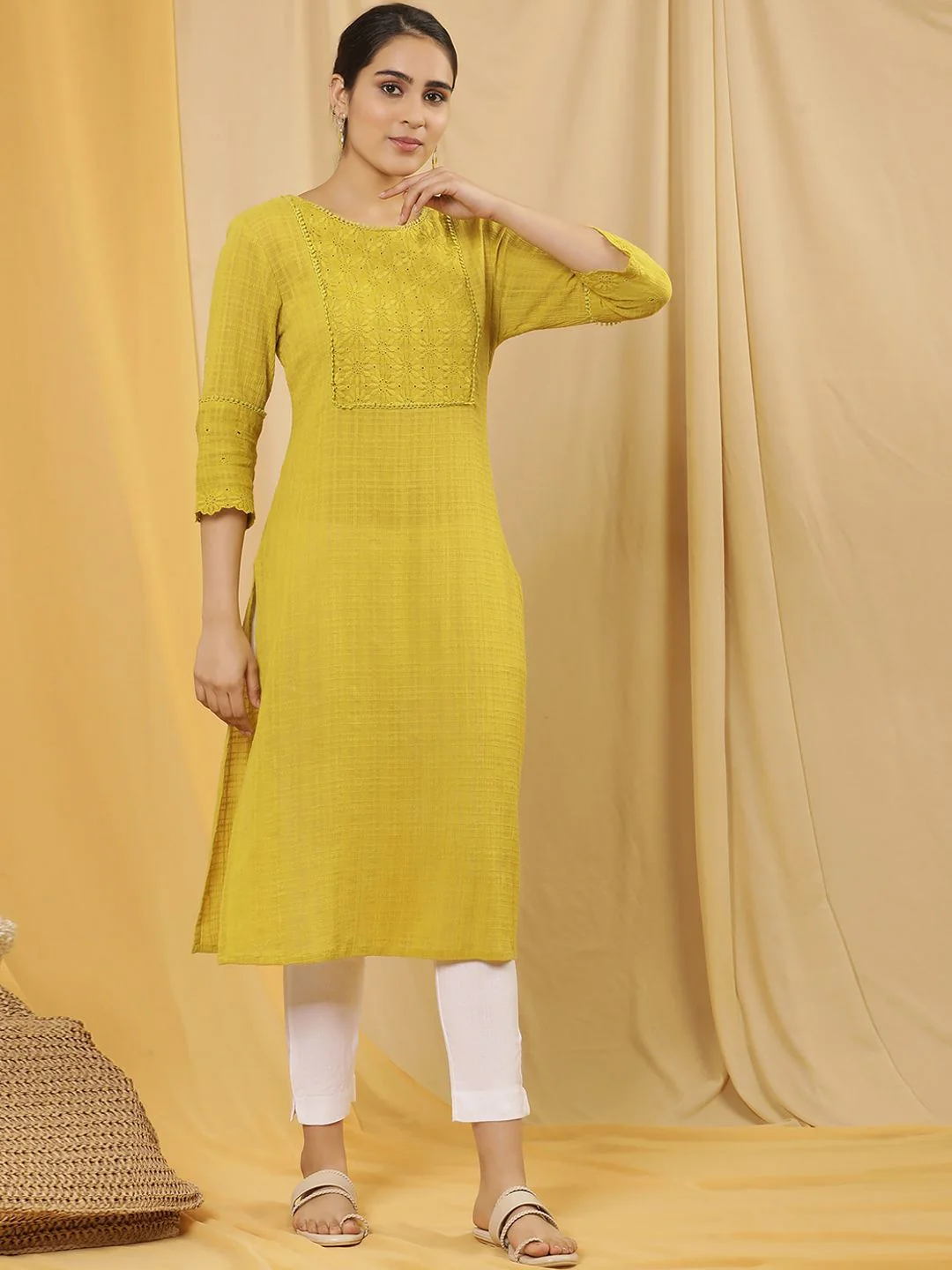 W Yellow Floral Yoke Design Thread Work Pure Cotton Straight Kurta - Image 3