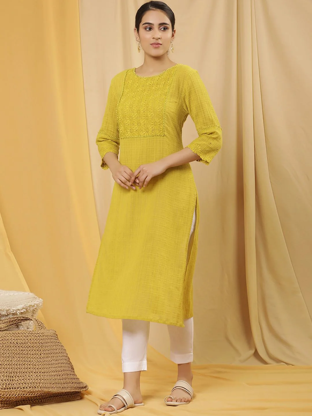 W Yellow Floral Yoke Design Thread Work Pure Cotton Straight Kurta - Image 5