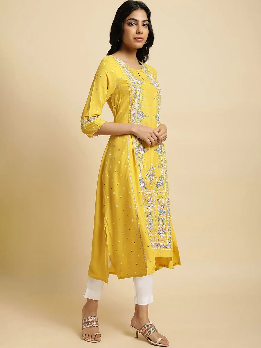 W Yellow & Pink Floral Printed Keyhole Neck A-Line Kurta - Image 6