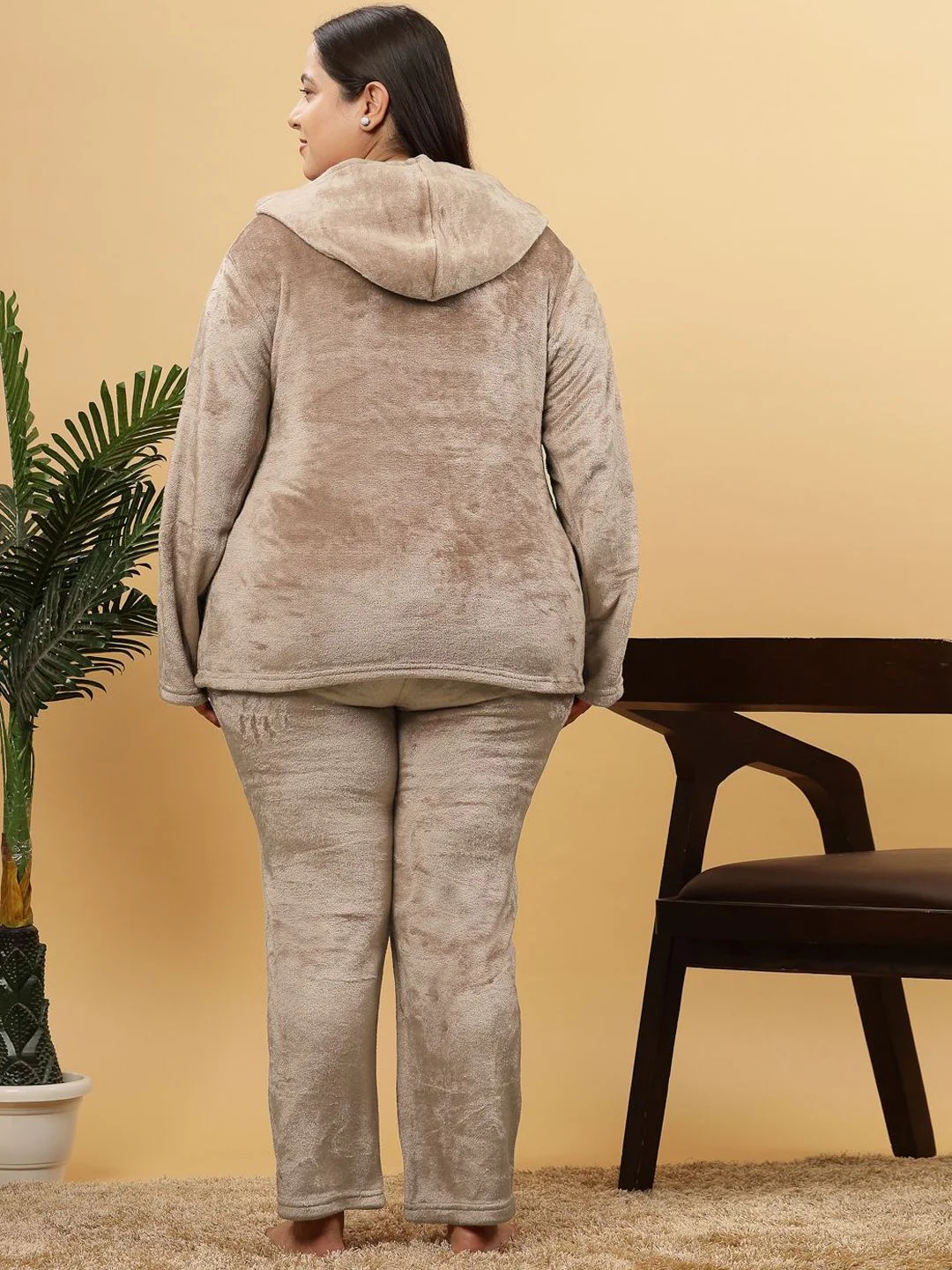 Women Beige Solid Round Neck Plus Size Hooded Woolen Night Suit - Image 4