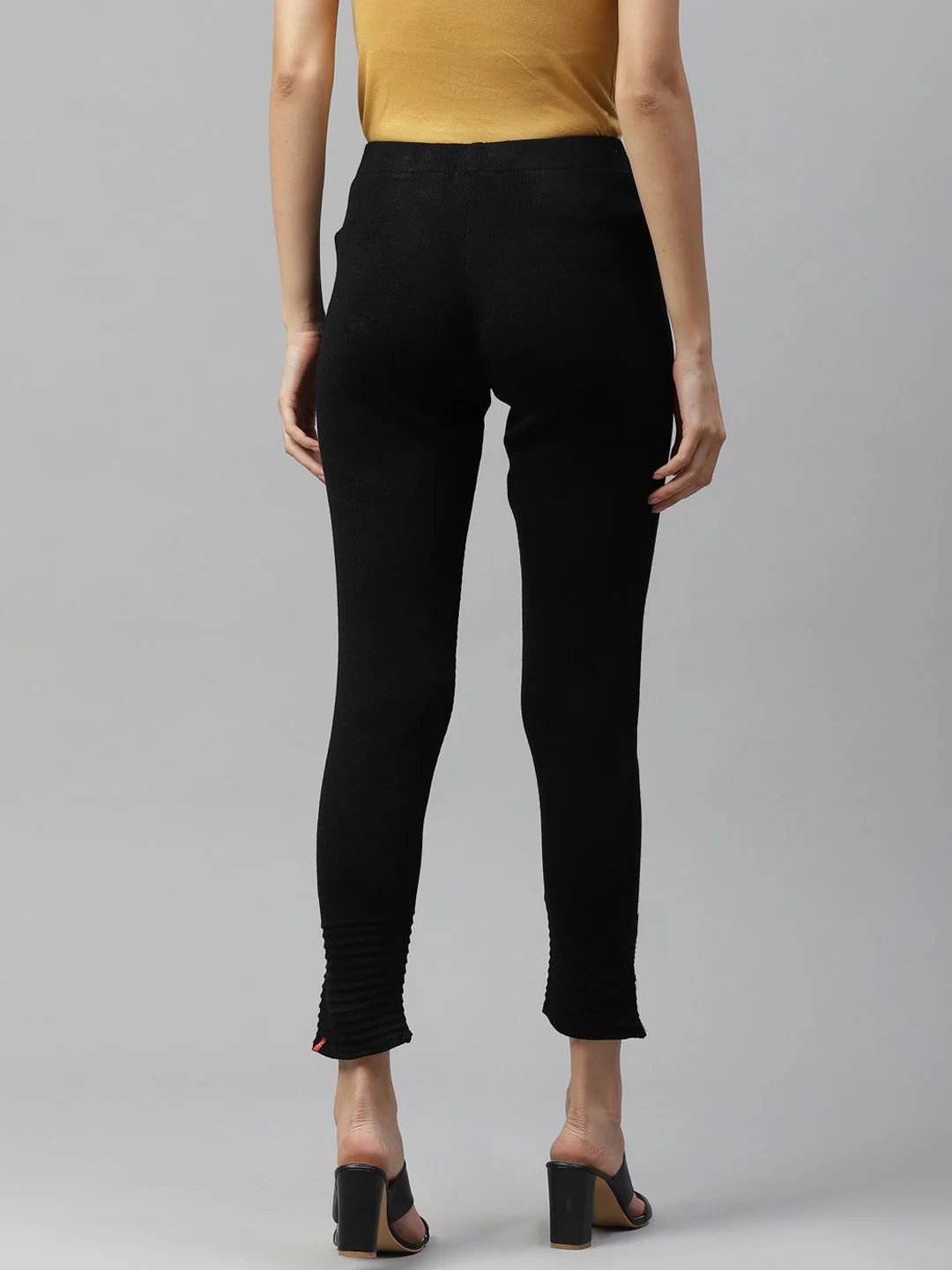 Women W Black Solid Cropped Leggings with Pintucked Hemline - Image 2