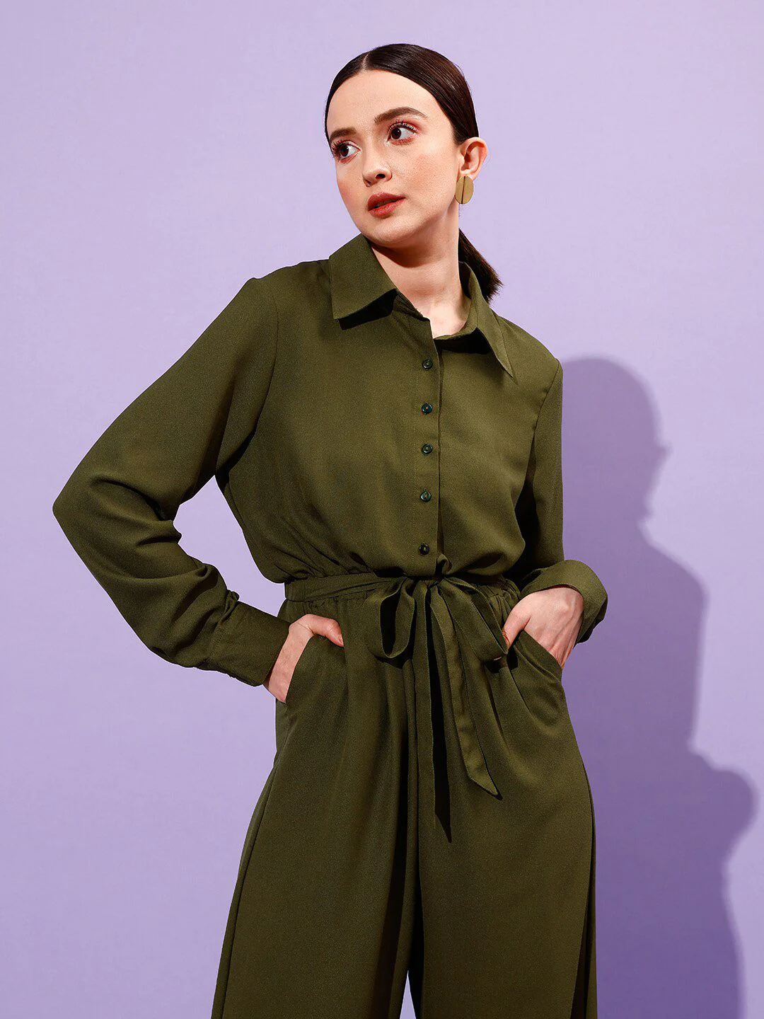 WORK IT by STREET 9 Shirt Collar Long Sleeve Waist Tie-Ups Basic Jumpsuit - Image 2