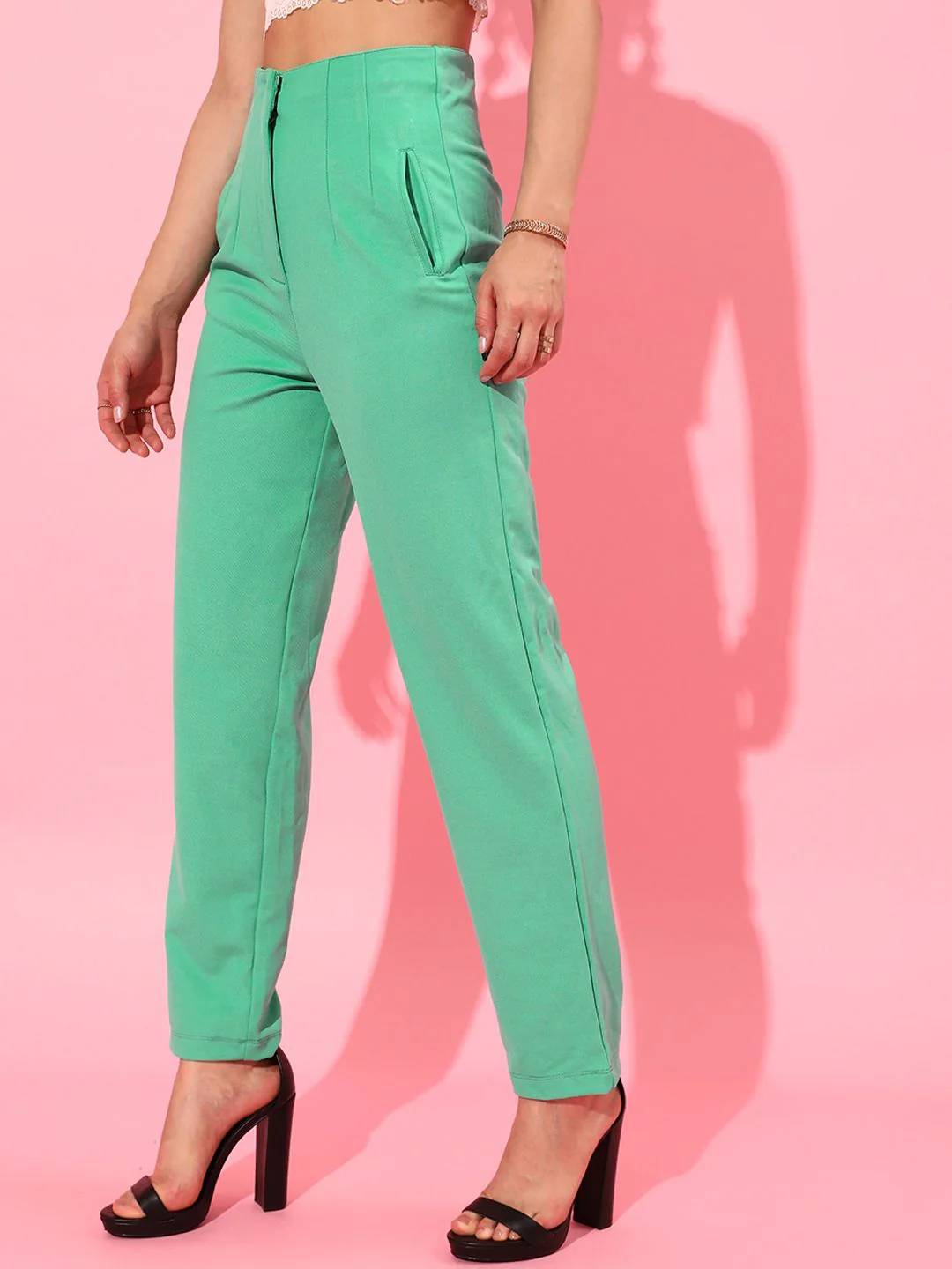 WORK IT by STREET 9 Women Green Straight Fit High-Rise Pleated Trousers - Image 2