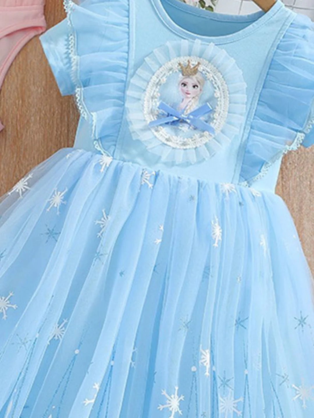 YK Girls Cartoon Characters Self Design Flutter Sleeves Fit and Flare Knee Length Dress - Image 2