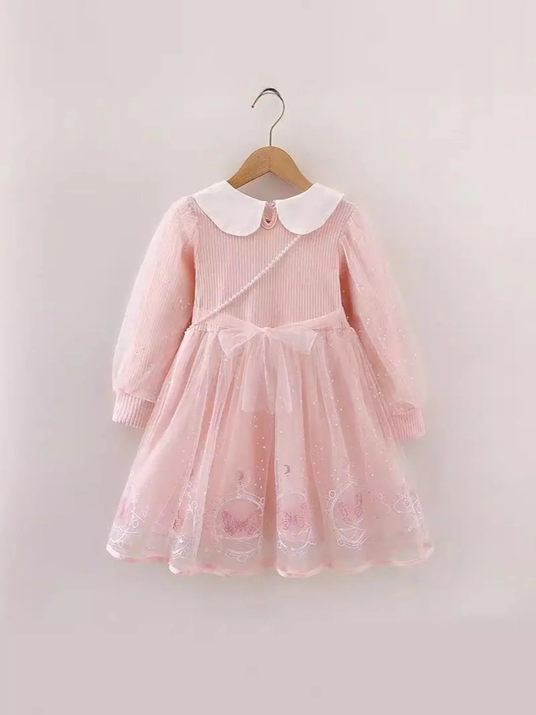 YK Girls Embellished Peter Pan Collar Cuffed Sleeve Fit & Flare Dress - Image 2