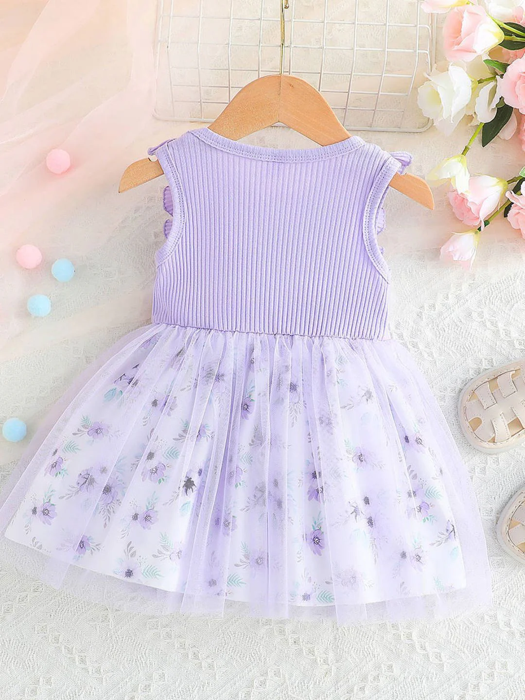 YK Girls Floral Printed Bow Fit And Flare Knee Length Dress - Image 2