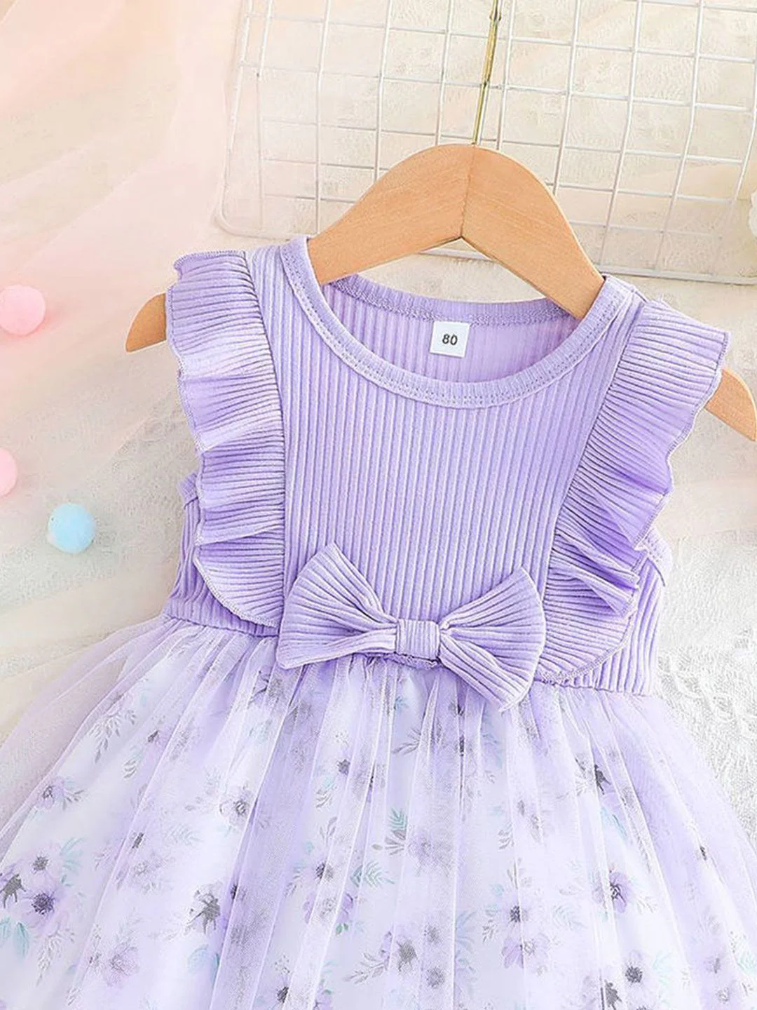 YK Girls Floral Printed Bow Fit And Flare Knee Length Dress - Image 4