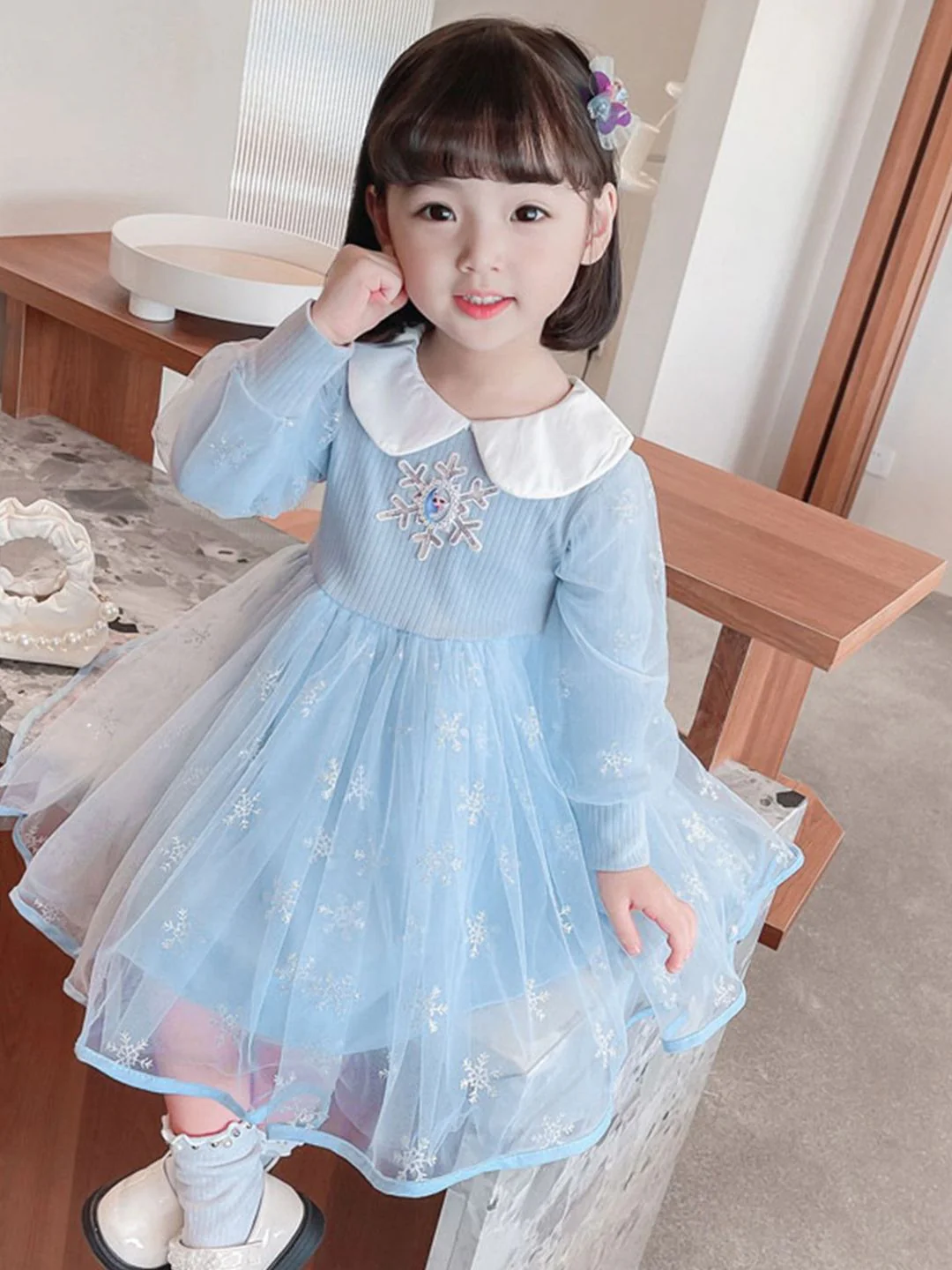 YK Girls Frozen Self Design Peter Pan Collar Fit & Flare Dress