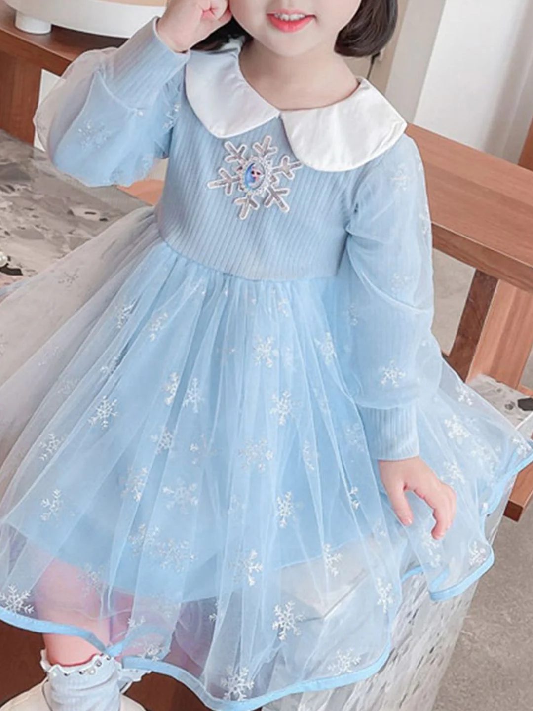 YK Girls Frozen Self Design Peter Pan Collar Fit & Flare Dress - Image 2