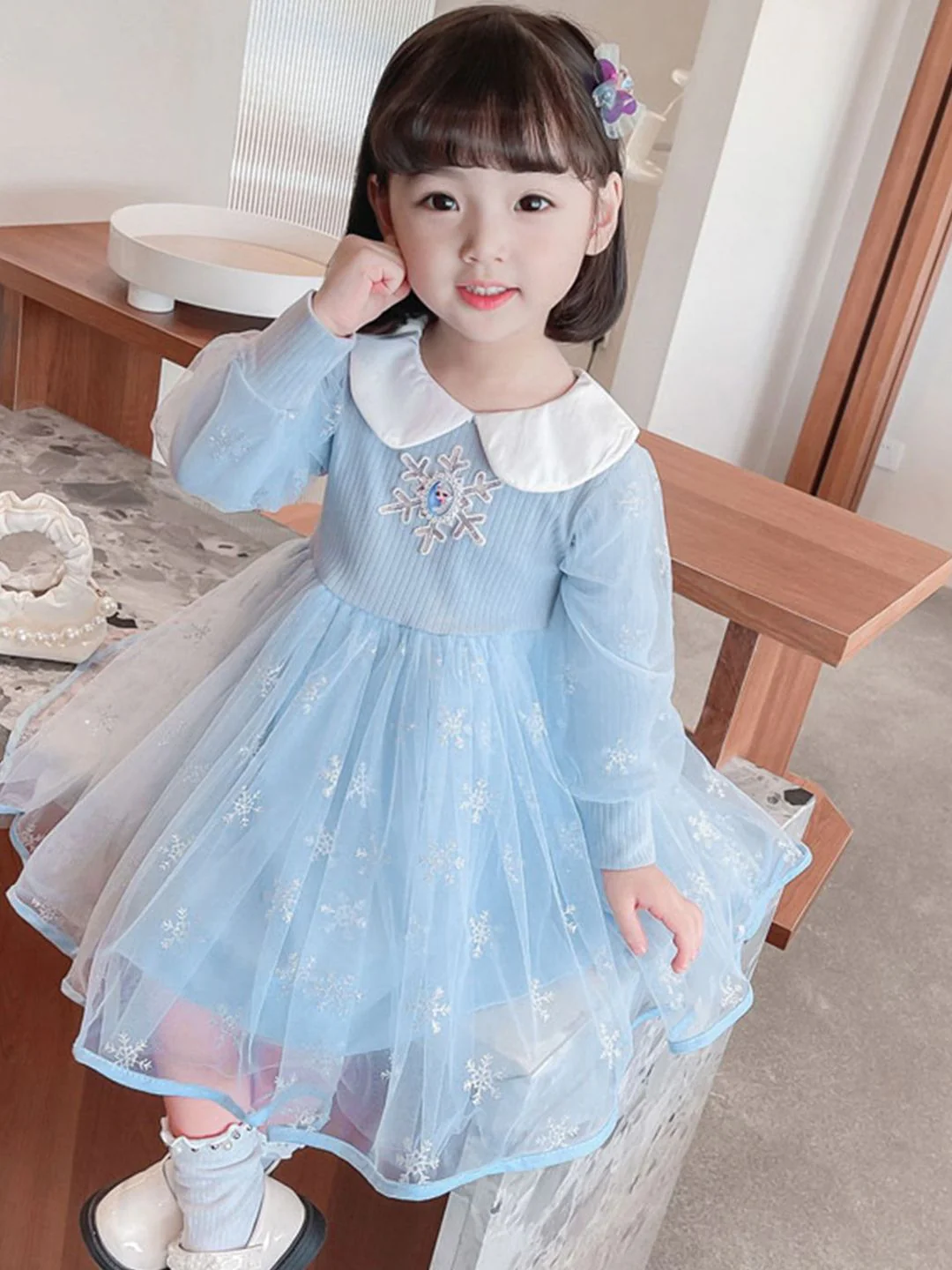 YK Girls Frozen Self Design Peter Pan Collar Fit & Flare Dress - Image 4