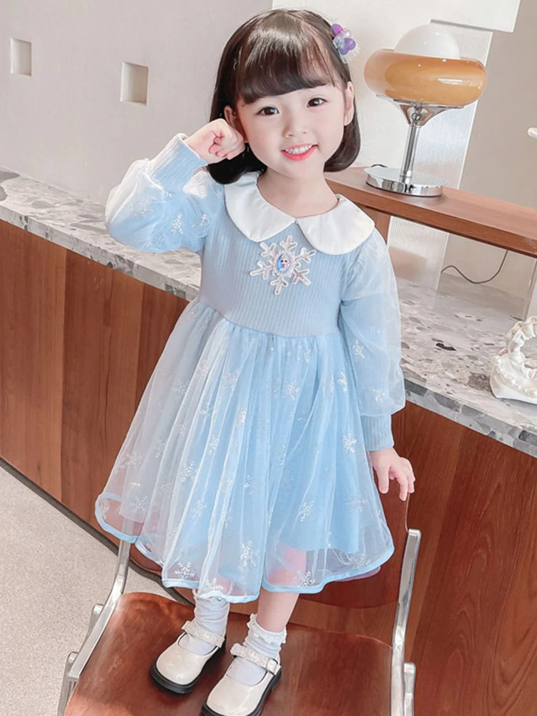 YK Girls Frozen Self Design Peter Pan Collar Fit & Flare Dress - Image 5