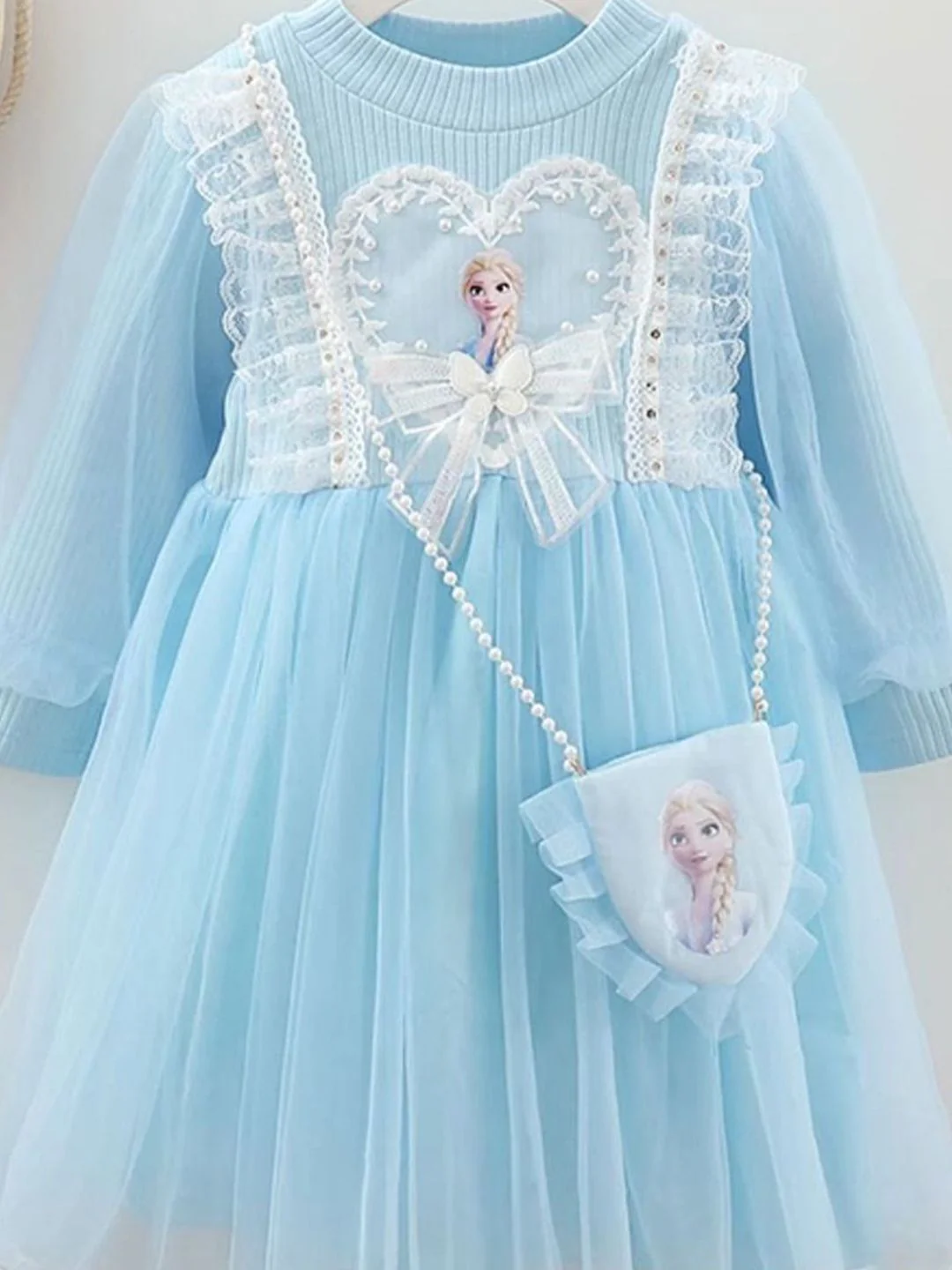 YK Girls Self Design Puff Sleeve A-Line Dress - Image 4