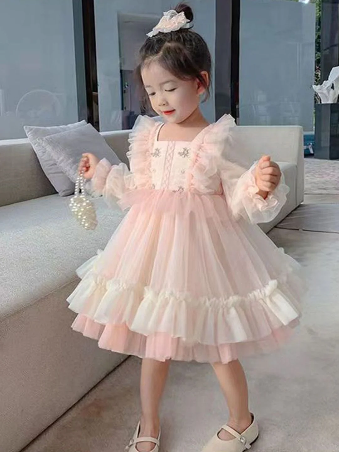 YK Kids-Girls Self Design Square Neck Fit and Flare Dress - Image 4