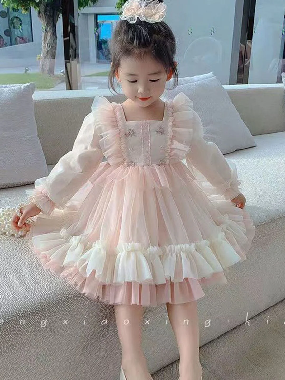 YK Kids-Girls Self Design Square Neck Fit and Flare Dress - Image 6