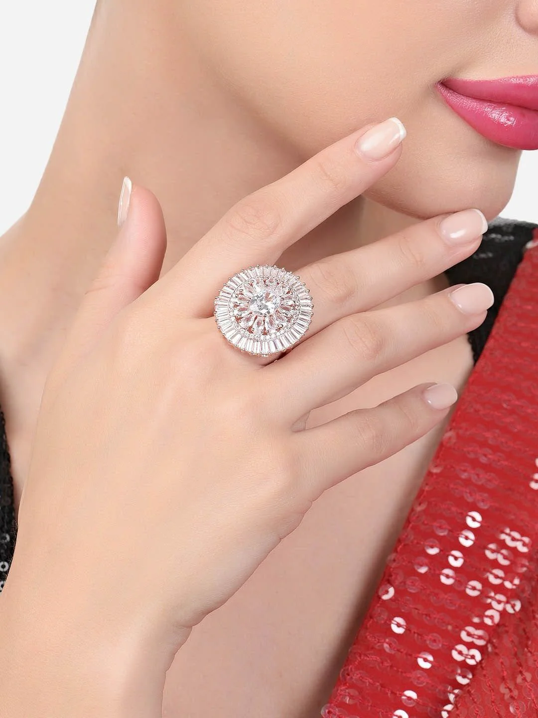 Zaveri Pearls Rose Gold-Plated CZ-Studded Adjustable Finger Ring - Image 6