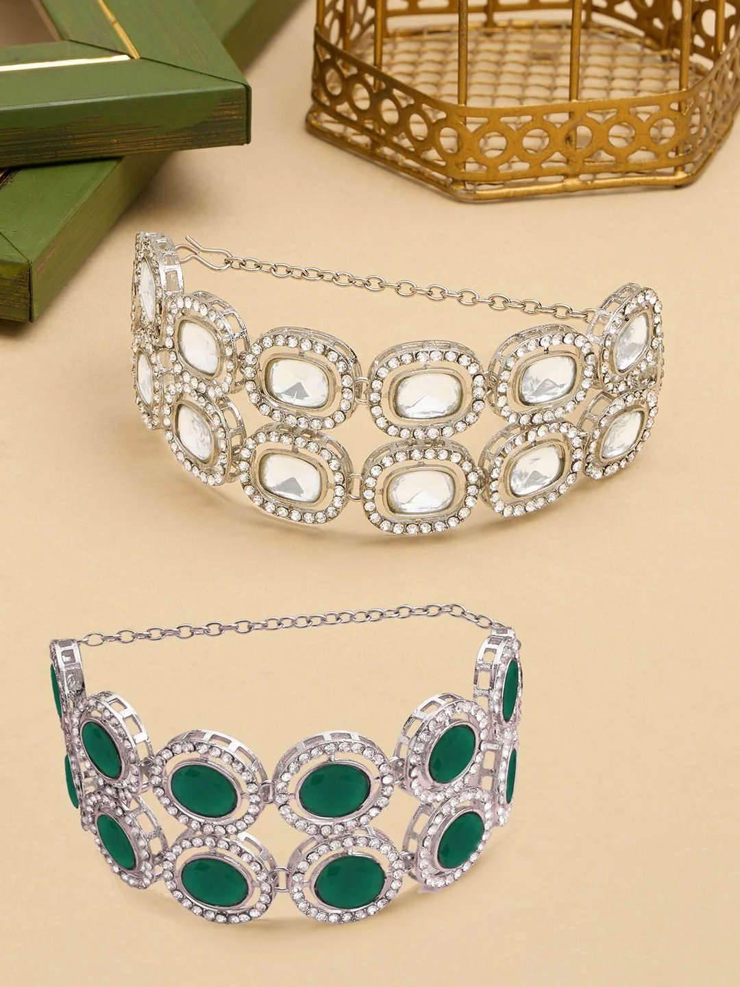 Zaveri Pearls Set of 2 Silver-Plated Austrian Diamonds Studded Wraparound Bracelets