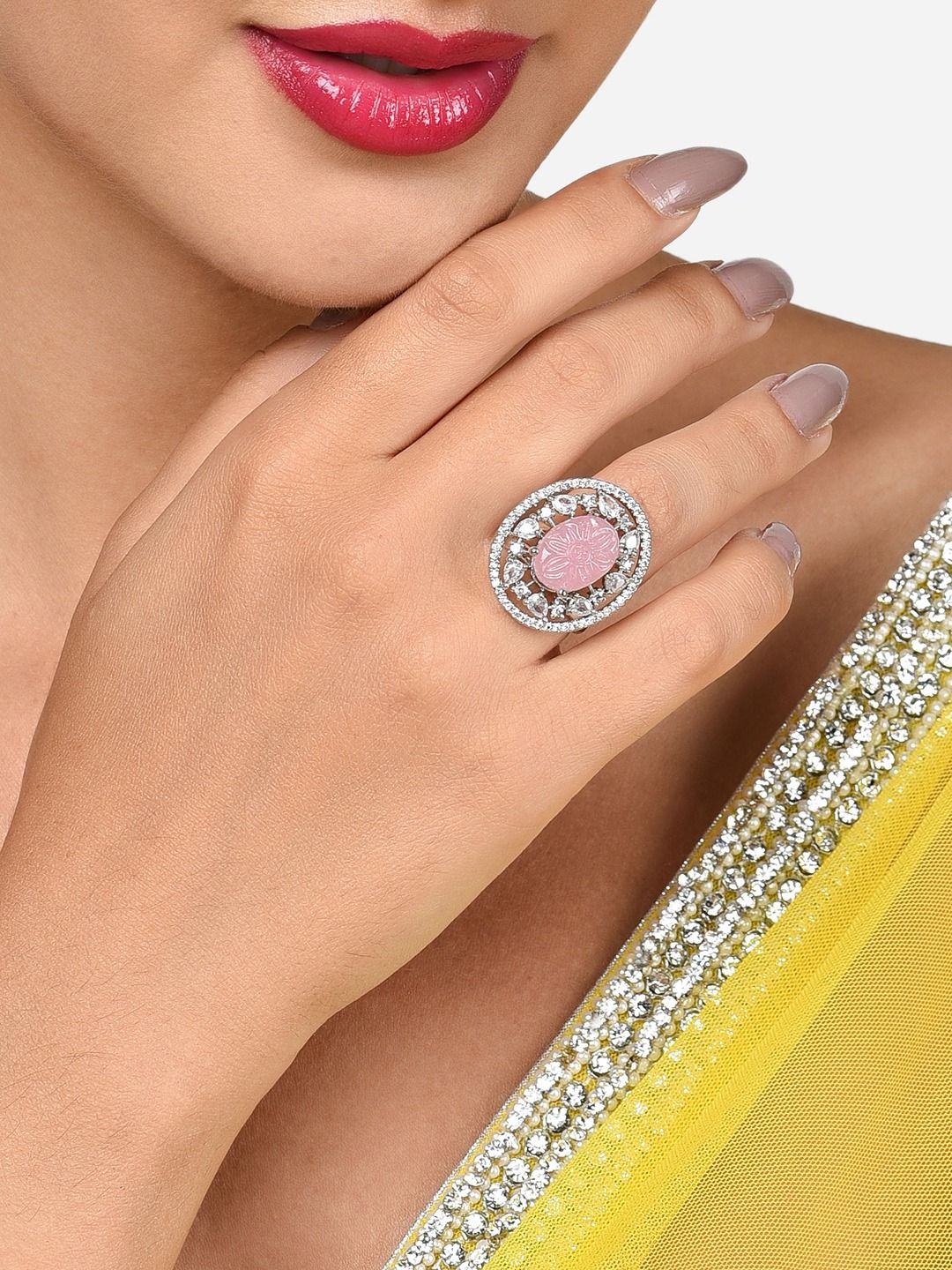 Zaveri Pearls Silver-Plated CZ Studded Adjustable Finger Ring