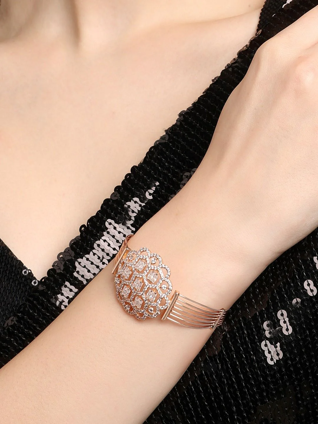 Zaveri Pearls Women Rose Gold-Plated Cubic Zirconia Kada Bracelet - Image 2