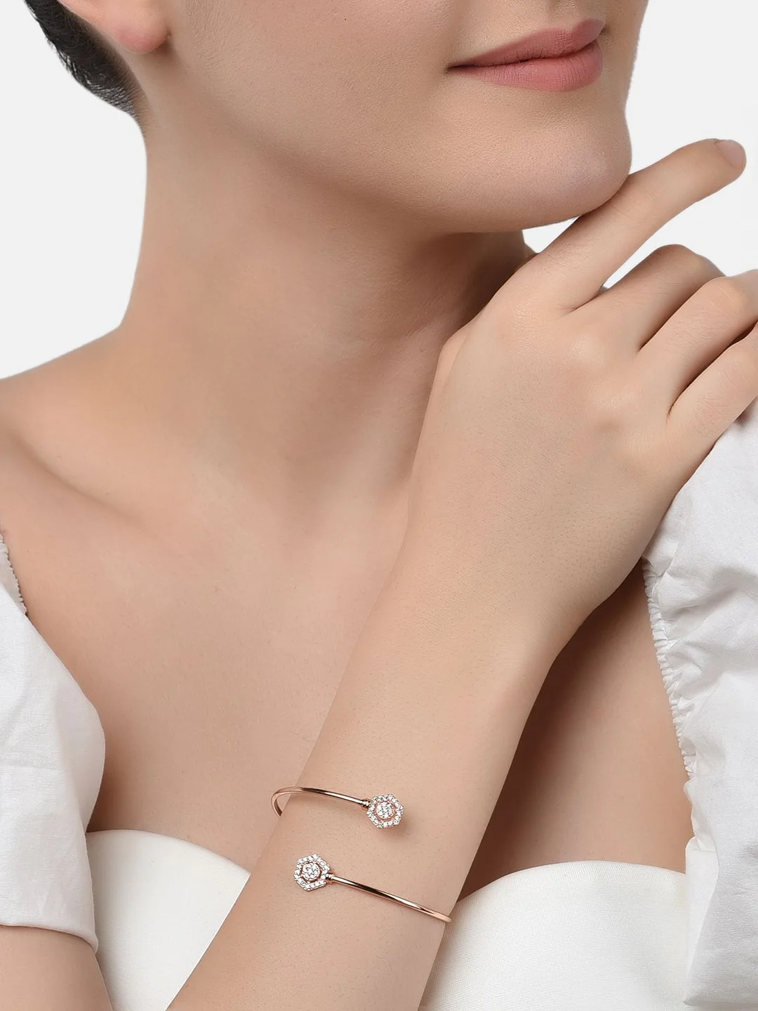 Zaveri Pearls Women Rose Gold & White Brass Cubic Zirconia Kada Bracelet Set of 2 - Image 5