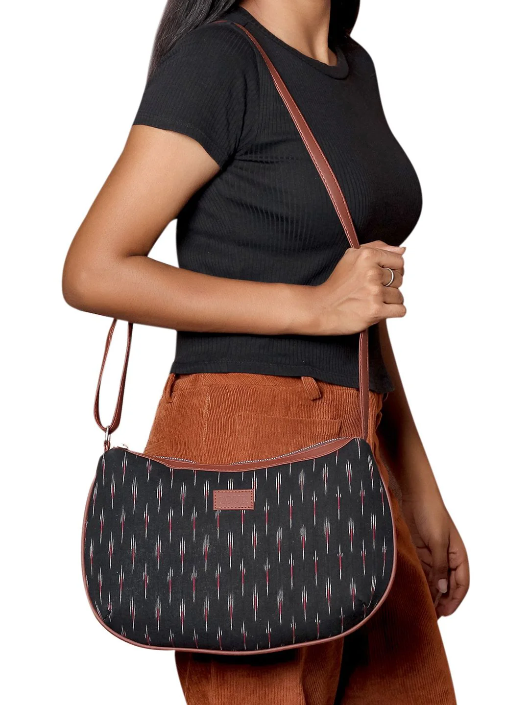 ZOUK Black & Grey Ikat Printed Half Moon Sling Bag - Image 7