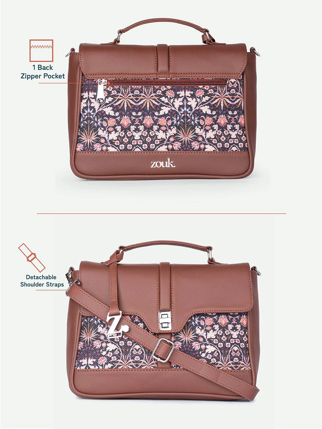 ZOUK Floral Printed Structured Satchel - Image 7