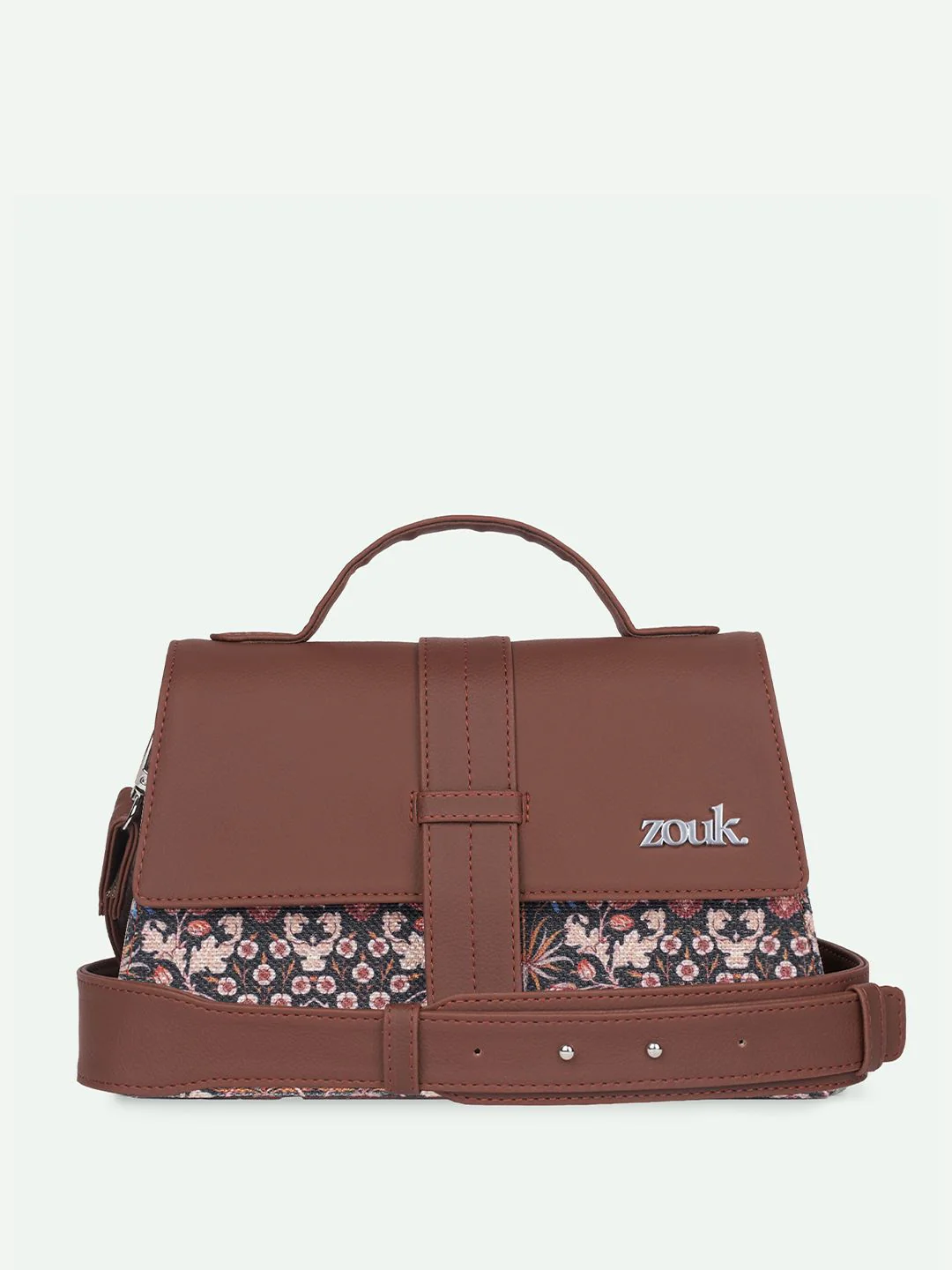 ZOUK Floral Printed Structured Satchel with Cut Work - Image 2