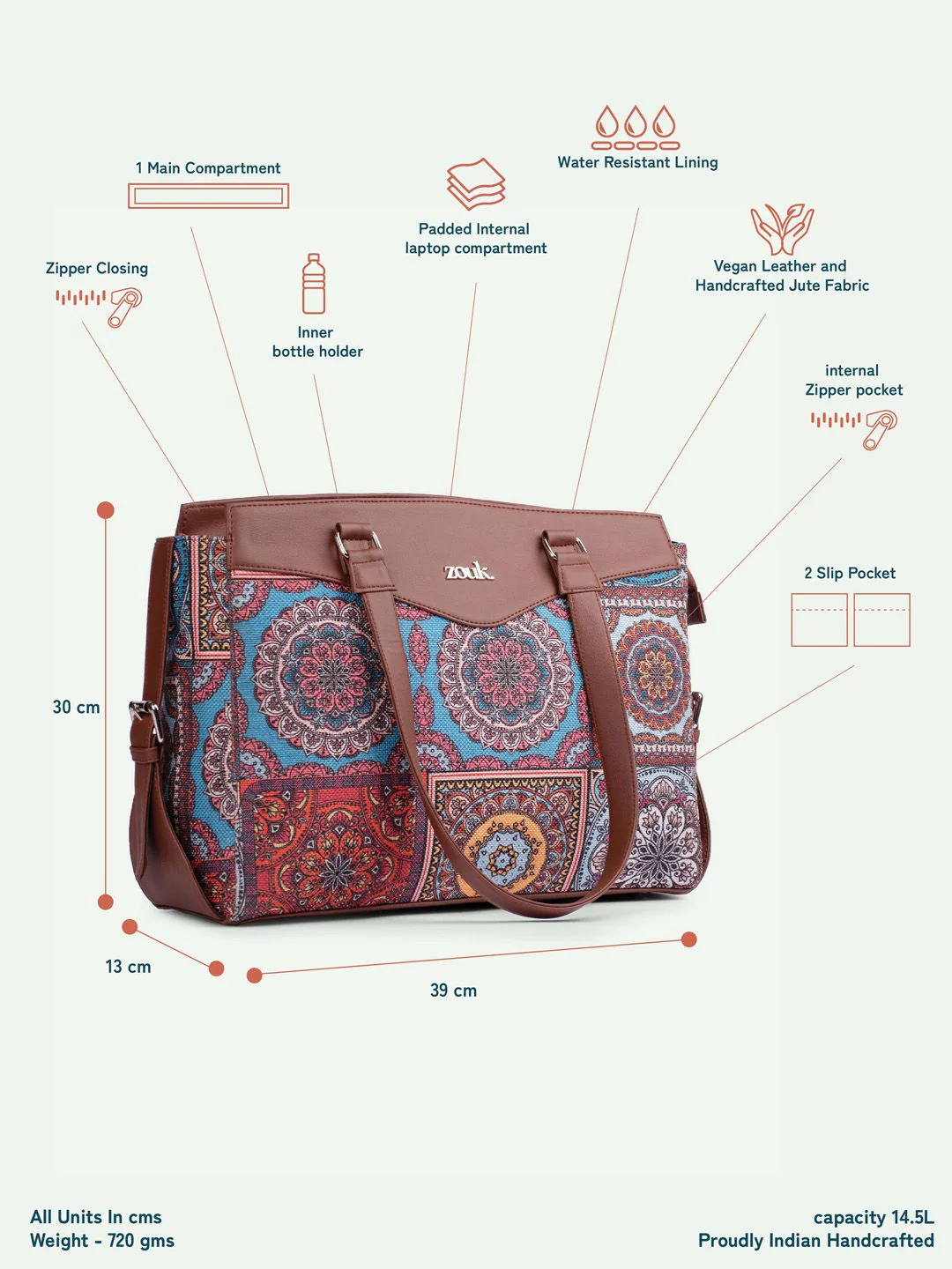 ZOUK Mandala Ethnic Motifs Printed Shopper Handheld Bag - Image 7