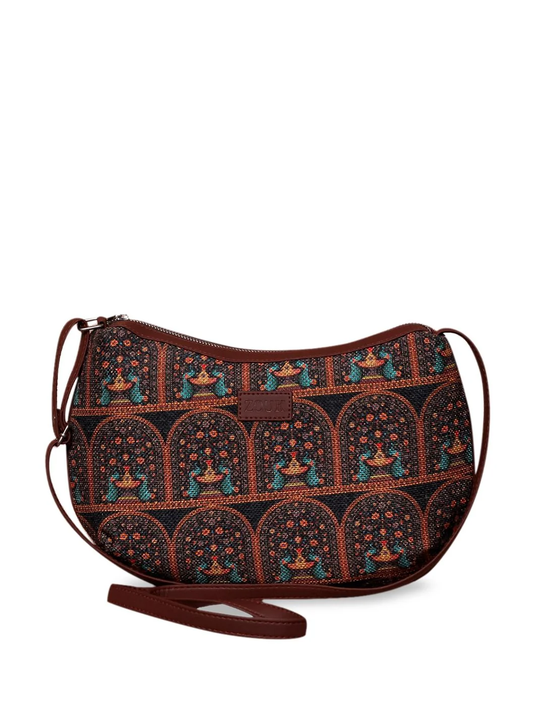 ZOUK Multicoloured Ethnic Motifs Half Moon Sling Bag - Image 4