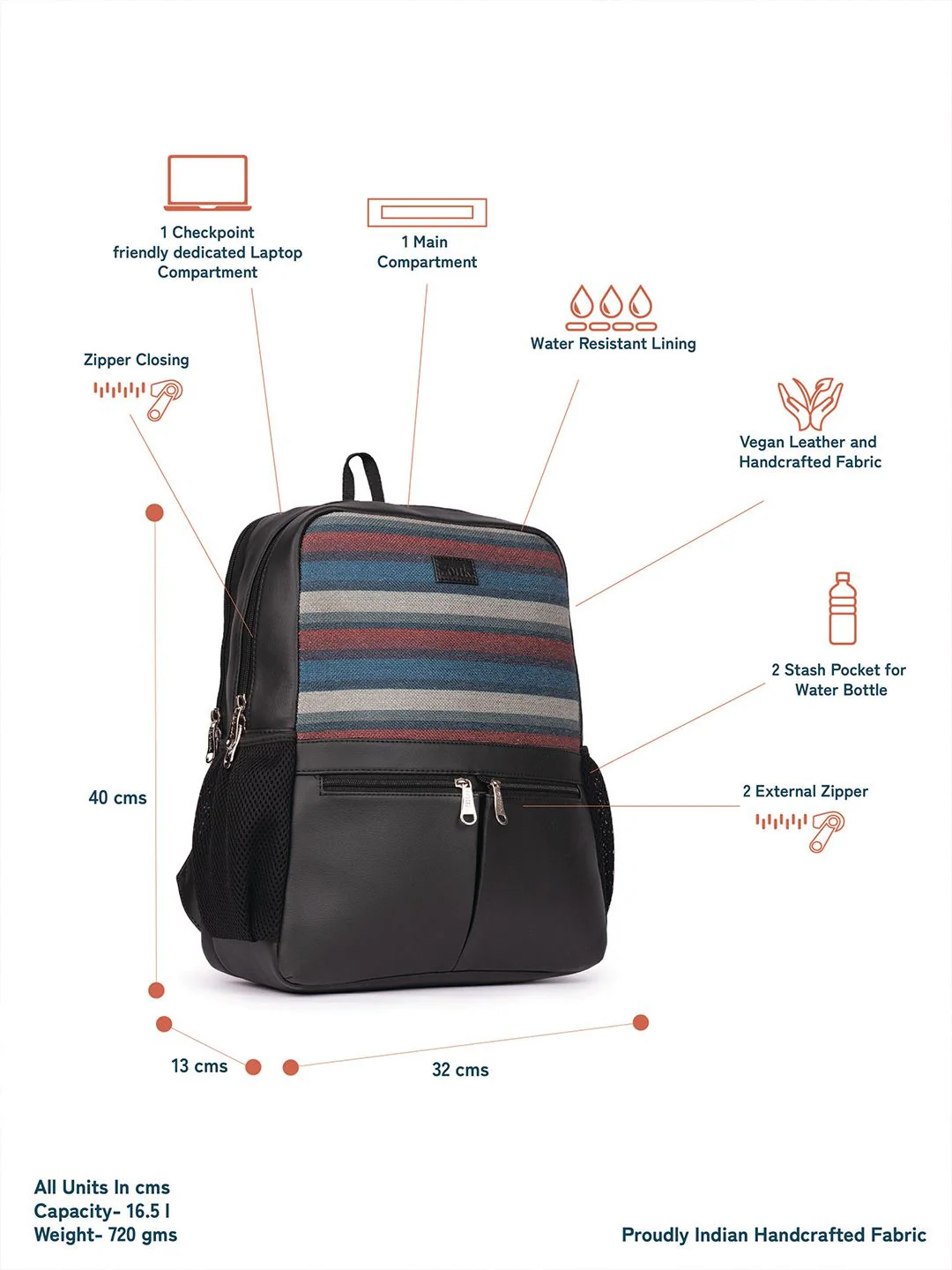 ZOUK Mysore Mosaic Striped Backpack with Compression Straps Up to 16 inch - Image 5