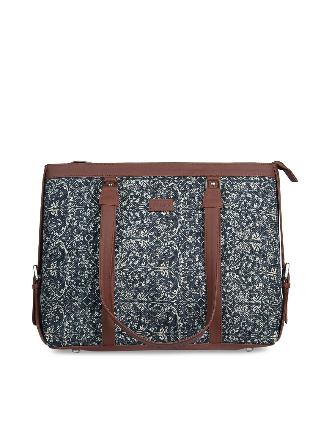 ZOUK Navy Blue & Beige Floral Print Leather Handcrafted 16 Inch Sustainable Laptop Bag - Image 2
