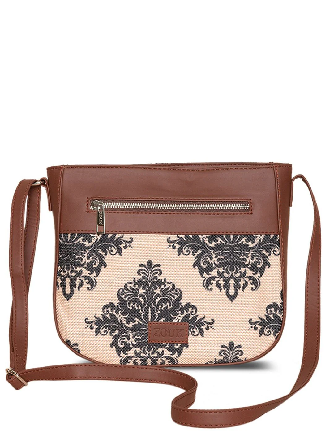 ZOUK Peach-Coloured Floral Printed Structured Sling Bag - Image 2