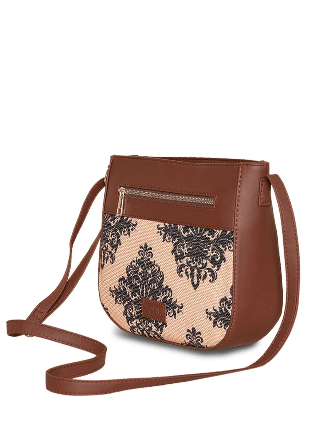 ZOUK Peach-Coloured Floral Printed Structured Sling Bag - Image 3