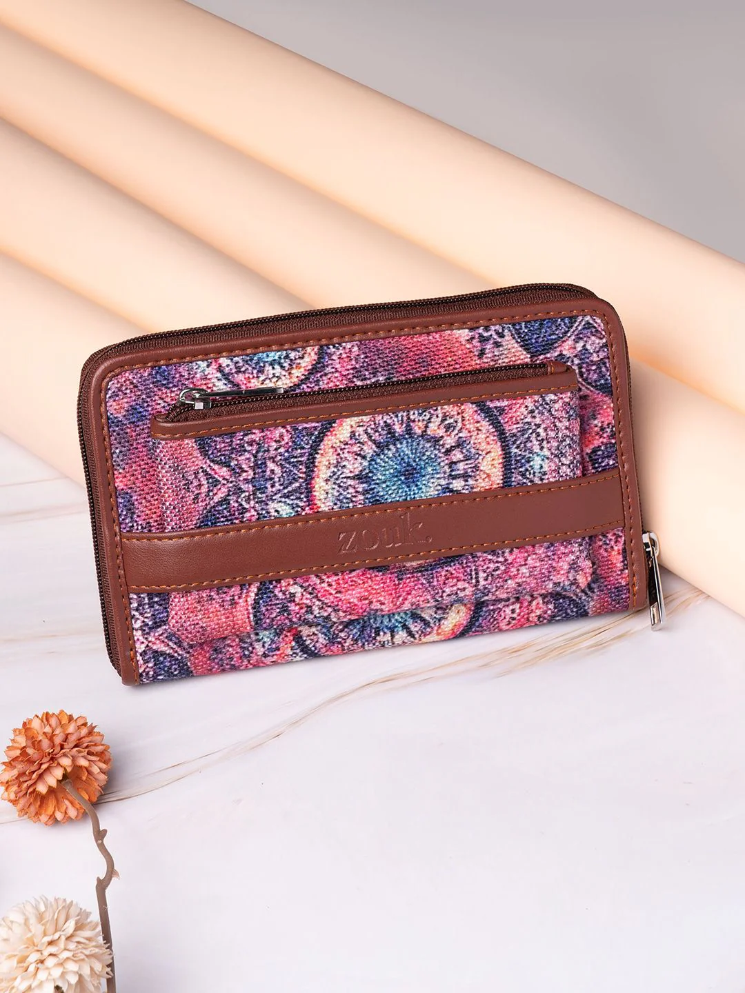 ZOUK Women Pink & Blue Printed Vegan Leather Zip Around Wallet